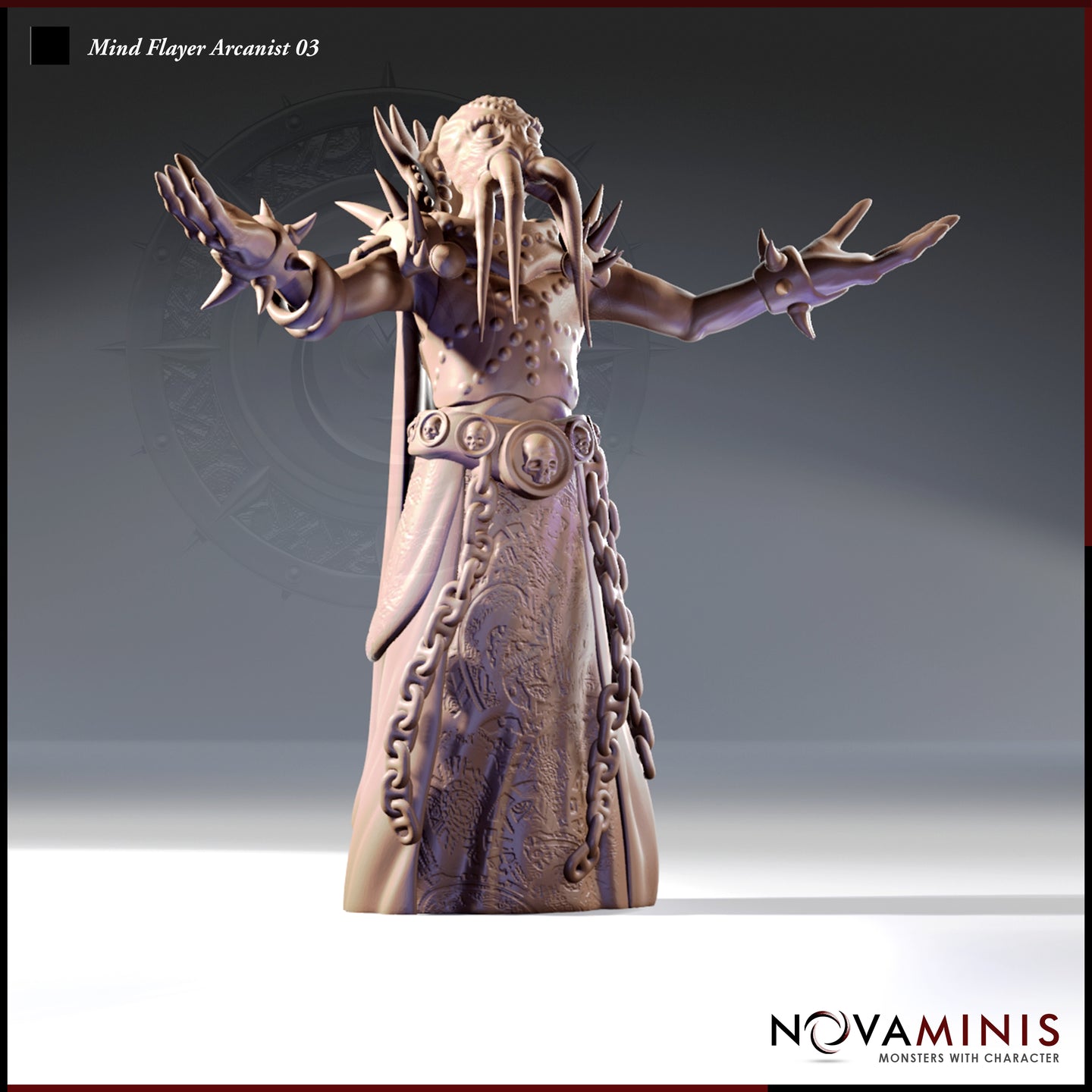 Front view of the Mind Flayer Arcanist 03 miniature by Novaminis — an unpainted grey resin digital render showing a mind flayer in flowing robes with arms spread wide, spiked gauntlets, a skull-medallion belt with hanging chains, and a crown of tentacles. 32mm scale tabletop miniature.