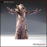 Front view of the Mind Flayer Arcanist 03 miniature by Novaminis — an unpainted grey resin digital render showing a mind flayer in flowing robes with arms spread wide, spiked gauntlets, a skull-medallion belt with hanging chains, and a crown of tentacles. 32mm scale tabletop miniature.