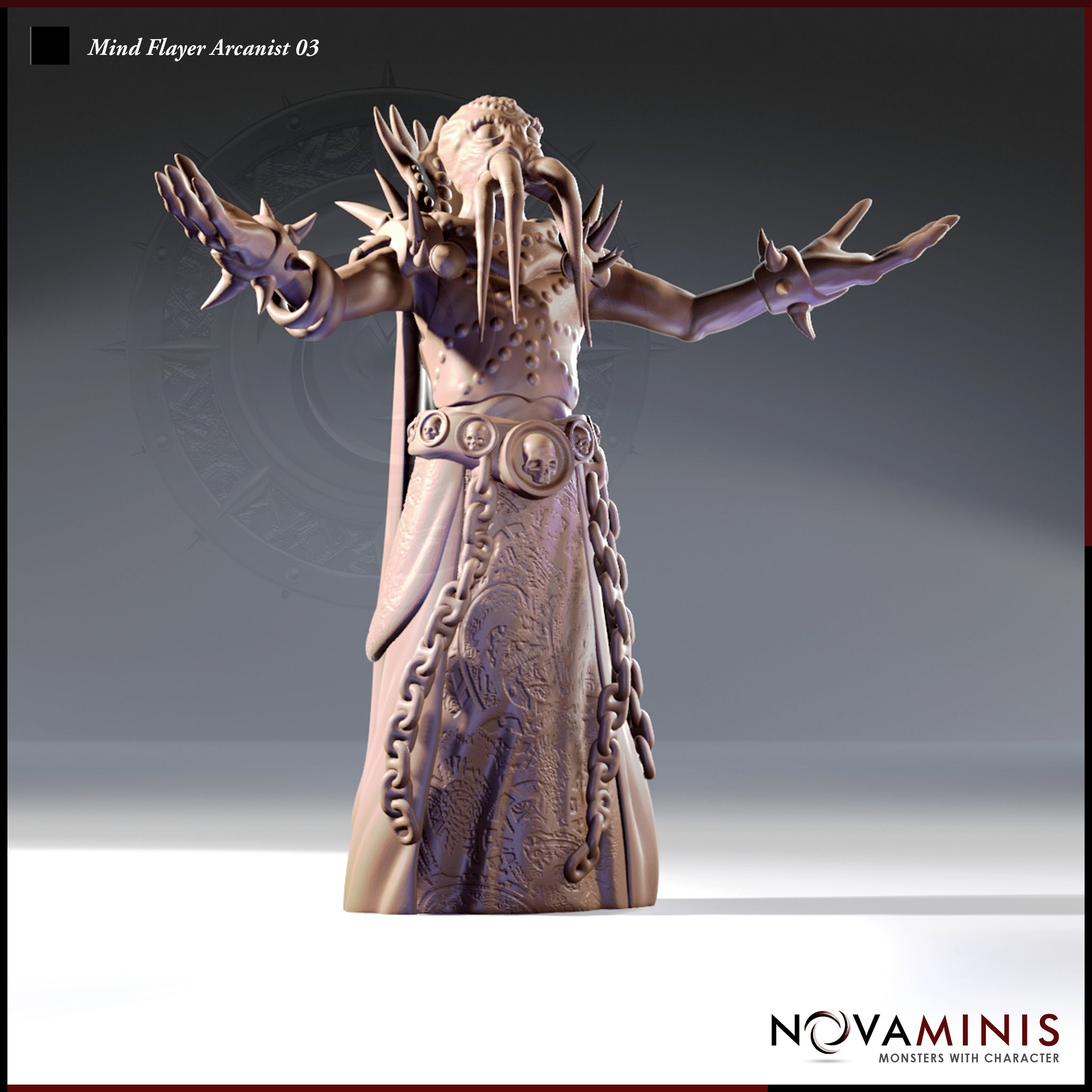 Front view of the Mind Flayer Arcanist 03 miniature by Novaminis — an unpainted grey resin digital render showing a mind flayer in flowing robes with arms spread wide, spiked gauntlets, a skull-medallion belt with hanging chains, and a crown of tentacles. 32mm scale tabletop miniature.