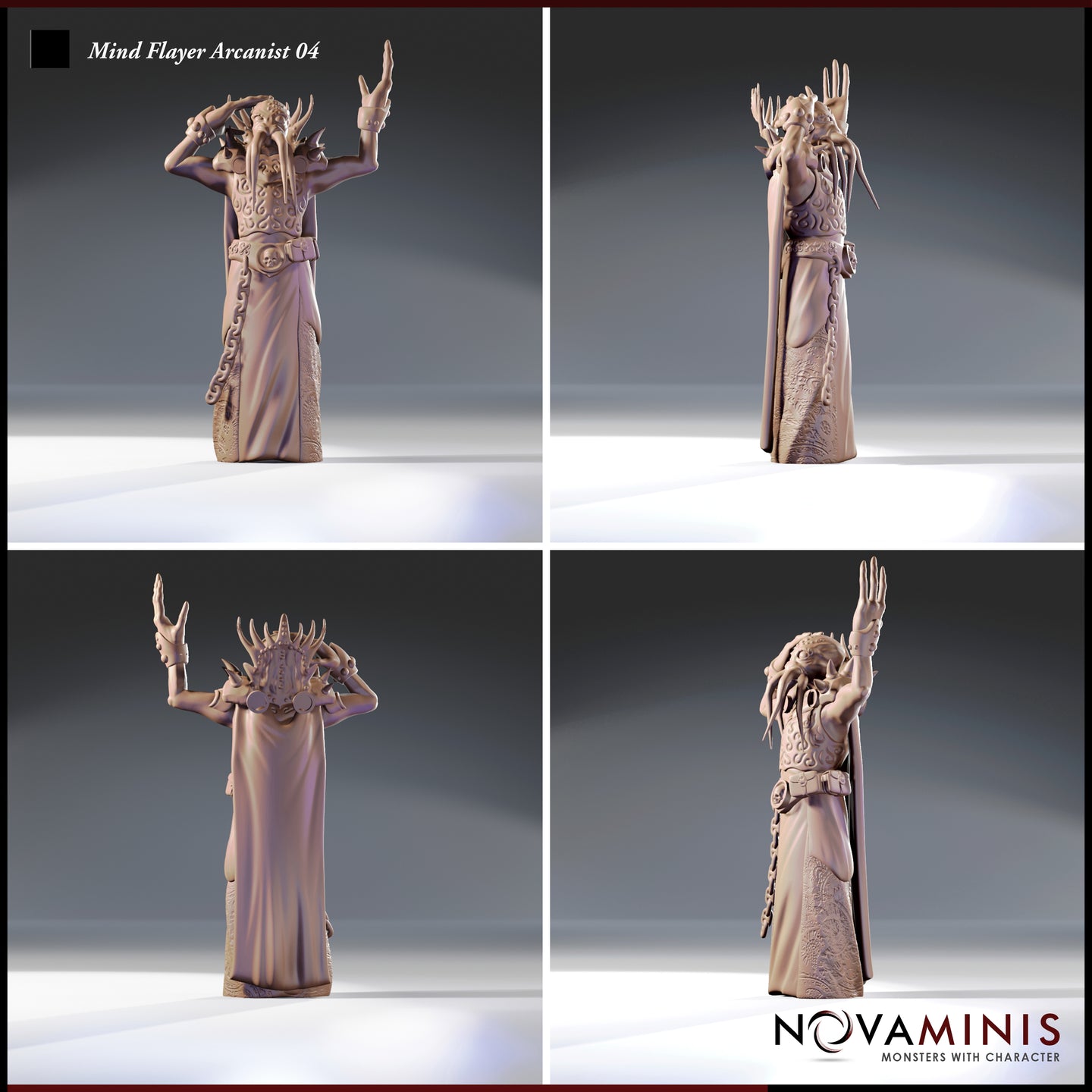Four-angle render of the Mind Flayer Arcanist 04 miniature showing front, side, back, and three-quarter views — highlighting the sweeping cloak, decorated robe hem, horn-like shoulder spurs, twin belt pouches, and expressive upraised arms. Unpainted grey resin by Novaminis.