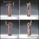 Four-angle render of the Mind Flayer Arcanist 04 miniature showing front, side, back, and three-quarter views — highlighting the sweeping cloak, decorated robe hem, horn-like shoulder spurs, twin belt pouches, and expressive upraised arms. Unpainted grey resin by Novaminis.