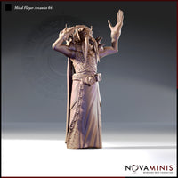 32mm resin miniature of a Mind Flayer Arcanist in a dramatic spellcasting pose — one hand raised above the head, the other pressed to its own skull, robes ornately detailed with arcane scrollwork, skull belt buckle, and four facial tentacles visible. Unpainted grey resin digital render, front view.