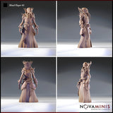 Four-angle turnaround render of Mind Flayer 01 showing the front, side, back, and three-quarter views — revealing detailed alien script on the robe hem, spiked shoulder armour, bone crown, and clawed hands