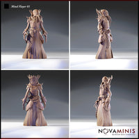 Four-angle turnaround render of Mind Flayer 01 showing the front, side, back, and three-quarter views — revealing detailed alien script on the robe hem, spiked shoulder armour, bone crown, and clawed hands