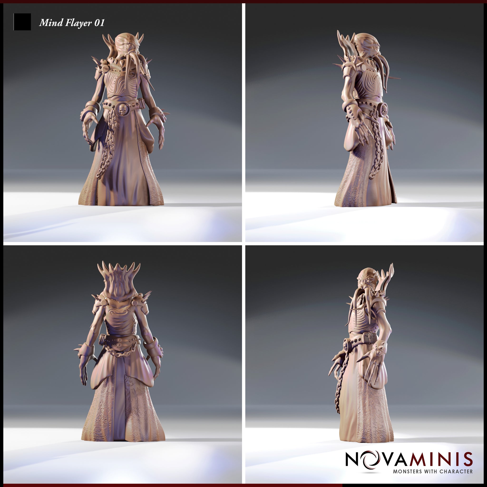 Four-angle turnaround render of Mind Flayer 01 showing the front, side, back, and three-quarter views — revealing detailed alien script on the robe hem, spiked shoulder armour, bone crown, and clawed hands