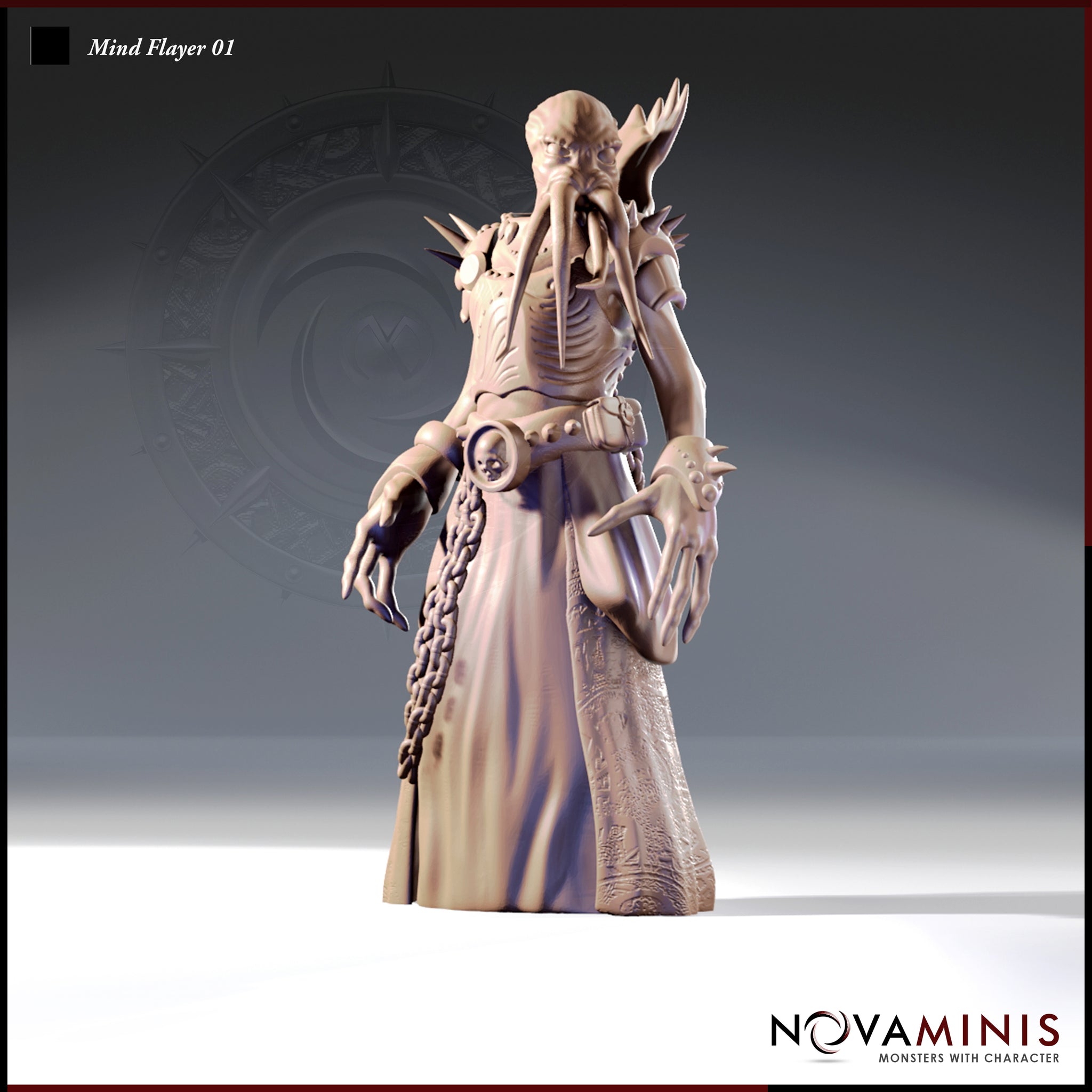 Front view of Mind Flayer 01 — an unpainted 32mm resin miniature of a robed illithid with a spiked bone crown, holding a severed horned skull in one hand, with a skull-adorned belt and heavy chains at the waist