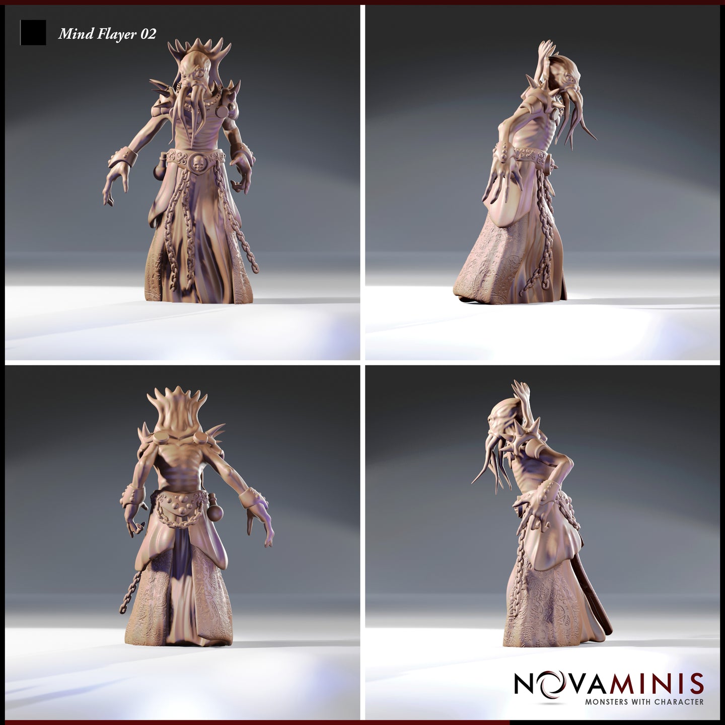 Four-angle turnaround render of the Mind Flayer 02 miniature by Novaminis showing front, side, back, and three-quarter views — detailed robe hem carvings, braided cord, spiked flail, and fully modelled tentacled face visible from all angles