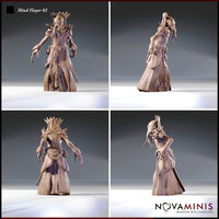 Four-angle turnaround render of the Mind Flayer 02 miniature by Novaminis showing front, side, back, and three-quarter views — detailed robe hem carvings, braided cord, spiked flail, and fully modelled tentacled face visible from all angles