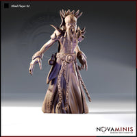 Front view of Mind Flayer 02 — an unpainted 32mm resin miniature of a robed illithid with arms spread wide, a broad bone-shard crown, long dangling tentacles, chains and braided rope at the belt, and an aggressive open-handed pose