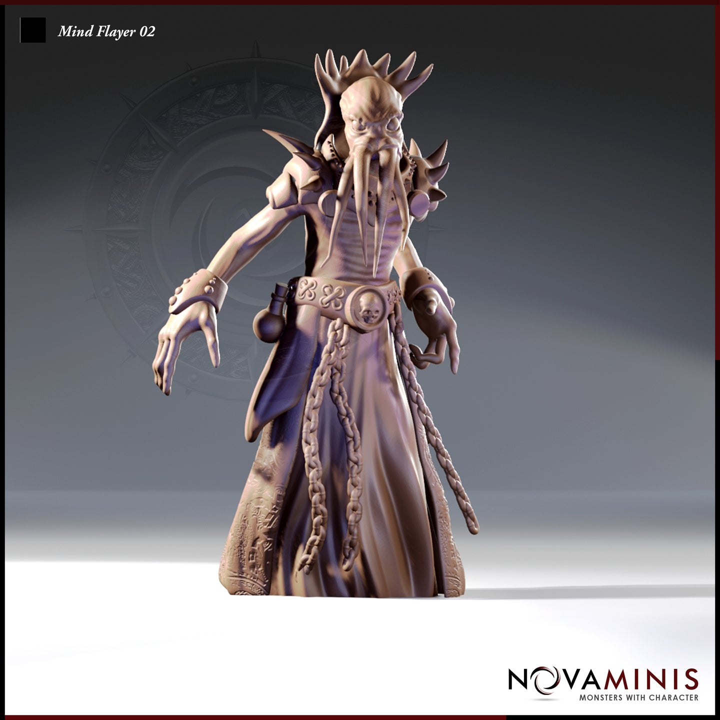 Front view of an unpainted resin Mind Flayer 02 miniature by Novaminis — illithid figure in layered robes with skull belt buckle, hanging chains, spiked bone crown, and outstretched clawed hands, rendered in digital grey