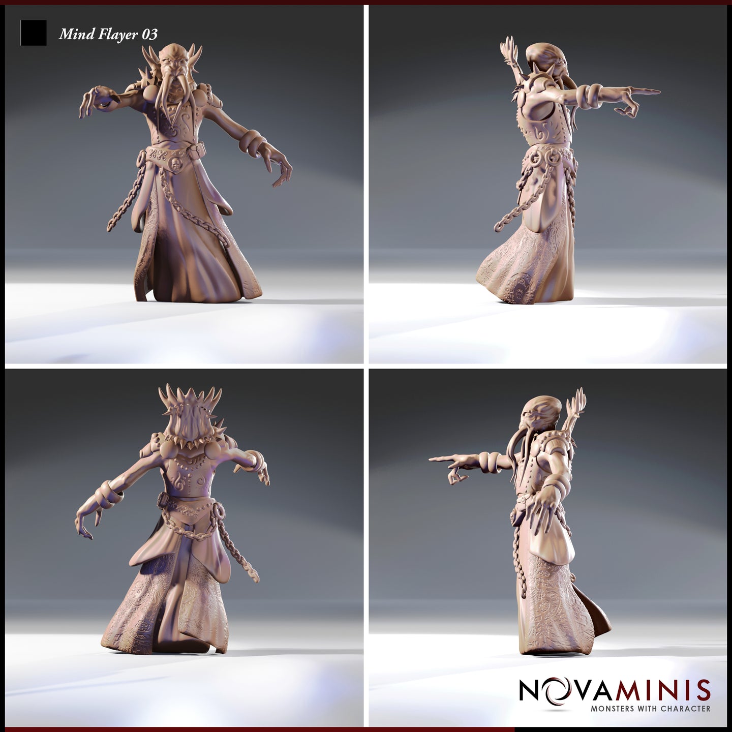 Four-angle turnaround of the Mind Flayer 03 miniature by Novaminis showing front, back, and both side profiles — revealing etched robe detailing, studded pauldrons, heavy bracers, a braided chain at the hip, and the distinctive pointing-finger command pose from every angle. Digital render, unpainted grey.