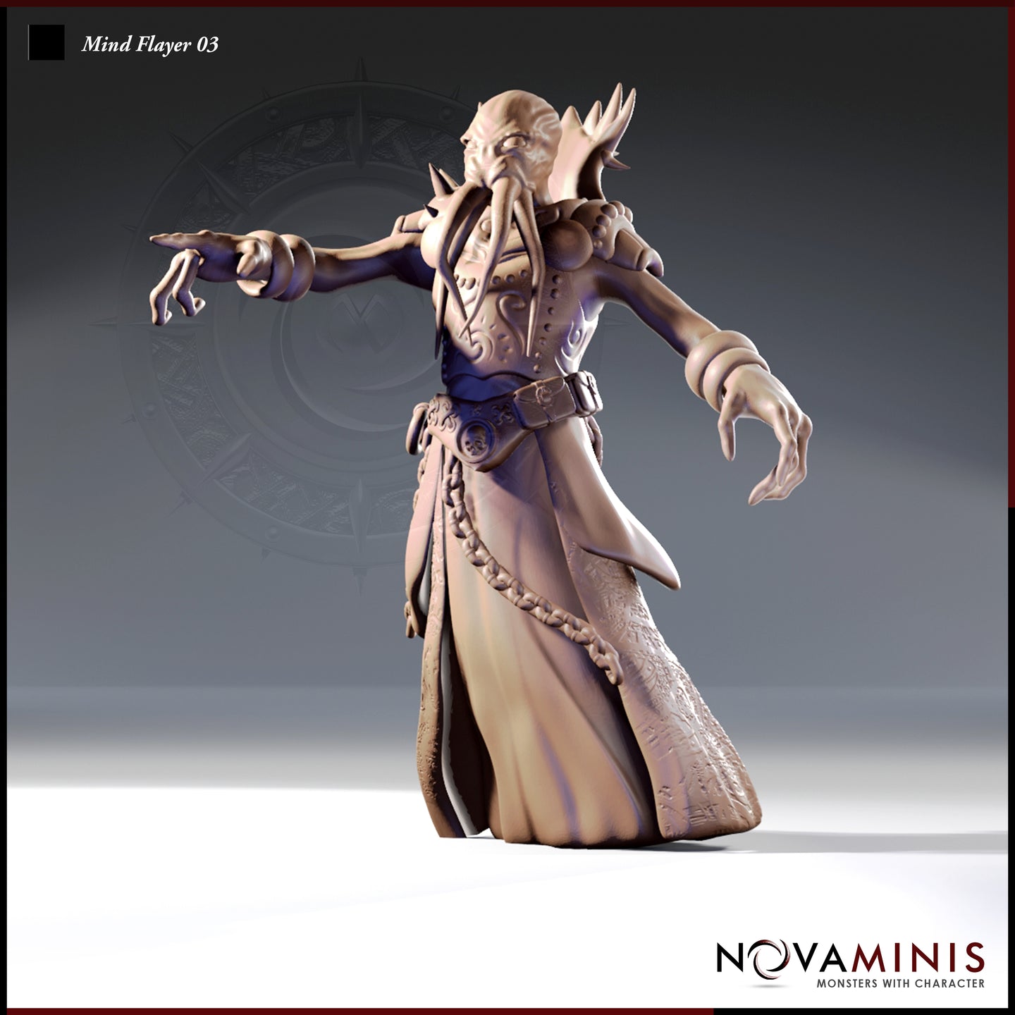 Front three-quarter view of an unpainted grey resin Mind Flayer 03 miniature by Novaminis — a tall illithid in layered ceremonial robes with braided chain belt, one arm extended forward with a pointing finger and the other hand open-clawed. Cranial spines fan out behind the tentacled head. Digital render.