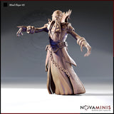 Front three-quarter view of an unpainted grey resin Mind Flayer 03 miniature by Novaminis — a tall illithid in layered ceremonial robes with braided chain belt, one arm extended forward with a pointing finger and the other hand open-clawed. Cranial spines fan out behind the tentacled head. Digital render.
