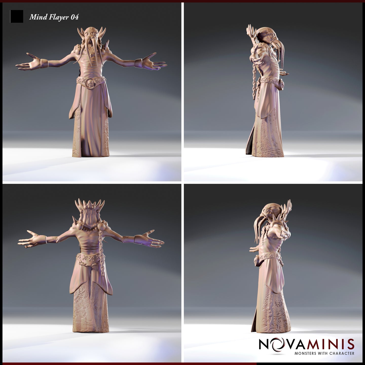 Four-angle digital render of Mind Flayer 04 by Novaminis showing front, side, back, and three-quarter views — unpainted grey resin illithid miniature with elaborate glyph-covered robes, outstretched arms, chain detail at the hip, and bony crown protrusions on the head