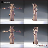 Four-angle digital render of Mind Flayer 04 by Novaminis showing front, side, back, and three-quarter views — unpainted grey resin illithid miniature with elaborate glyph-covered robes, outstretched arms, chain detail at the hip, and bony crown protrusions on the head