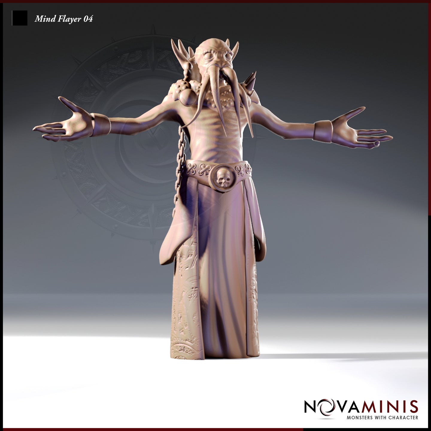 Front-facing digital render of Mind Flayer 04 by Novaminis — an unpainted grey resin illithid miniature in ceremonial robes, arms outstretched wide, four tentacles hanging from the face, skull-buckled belt with hanging chain, spiked pauldrons, and a robe covered in carved glyphs