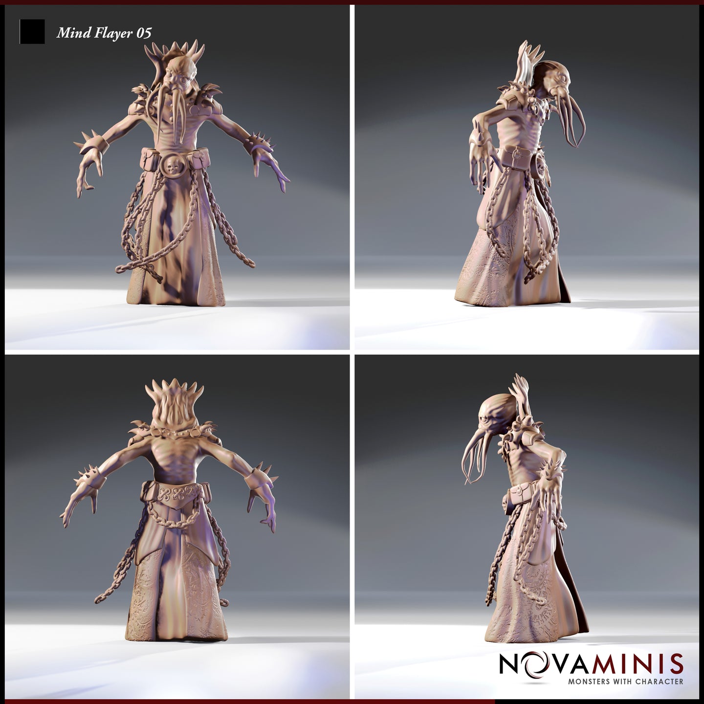 Four-angle digital render of Mind Flayer 05 by Novaminis showing front, back, left, and right views — illithid miniature in layered robes with detailed relief work, braided chains, spiked shoulder armour, and raised tentacled head, 32mm scale unpainted resin