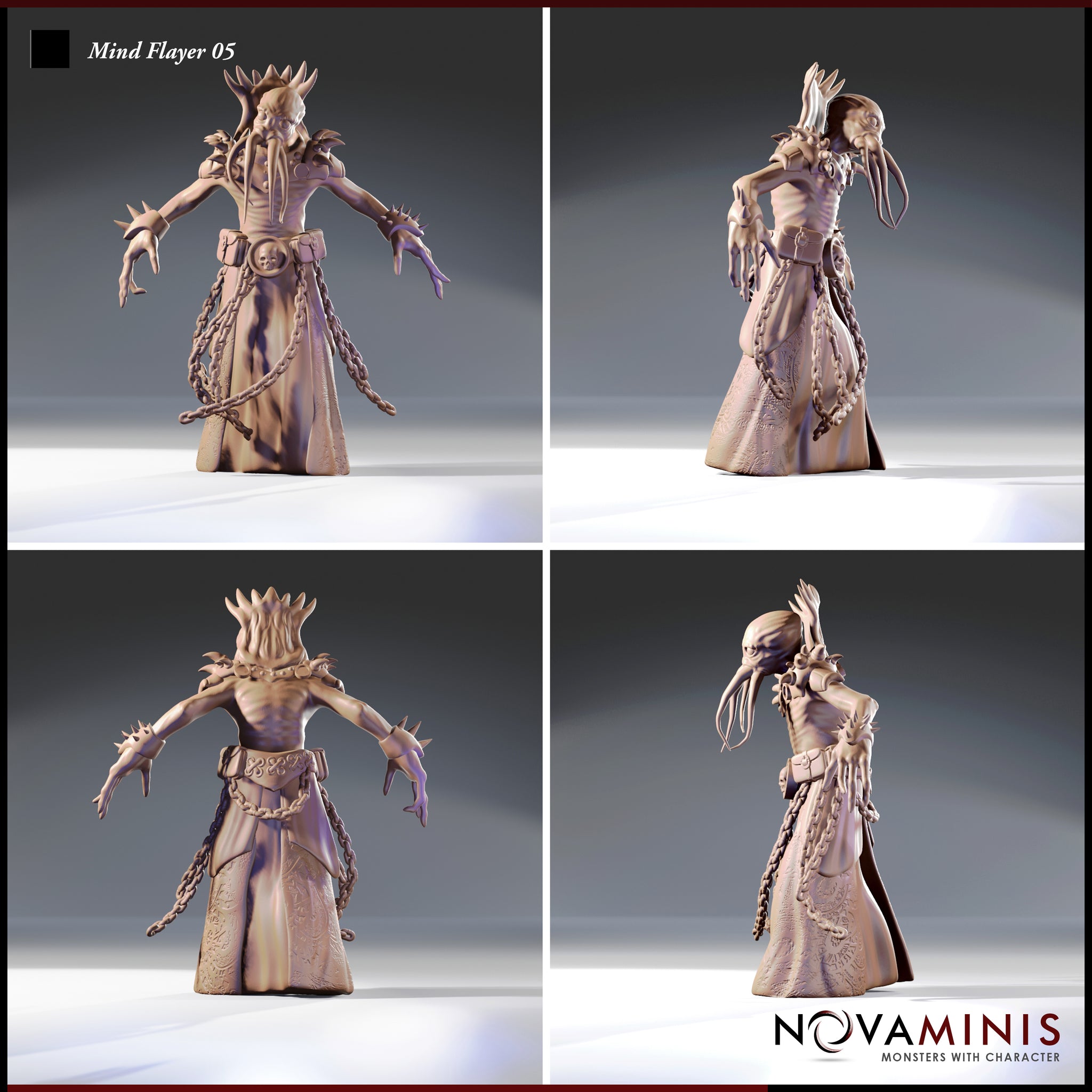Four-angle digital render of Mind Flayer 05 by Novaminis showing front, back, left, and right views — illithid miniature in layered robes with detailed relief work, braided chains, spiked shoulder armour, and raised tentacled head, 32mm scale unpainted resin