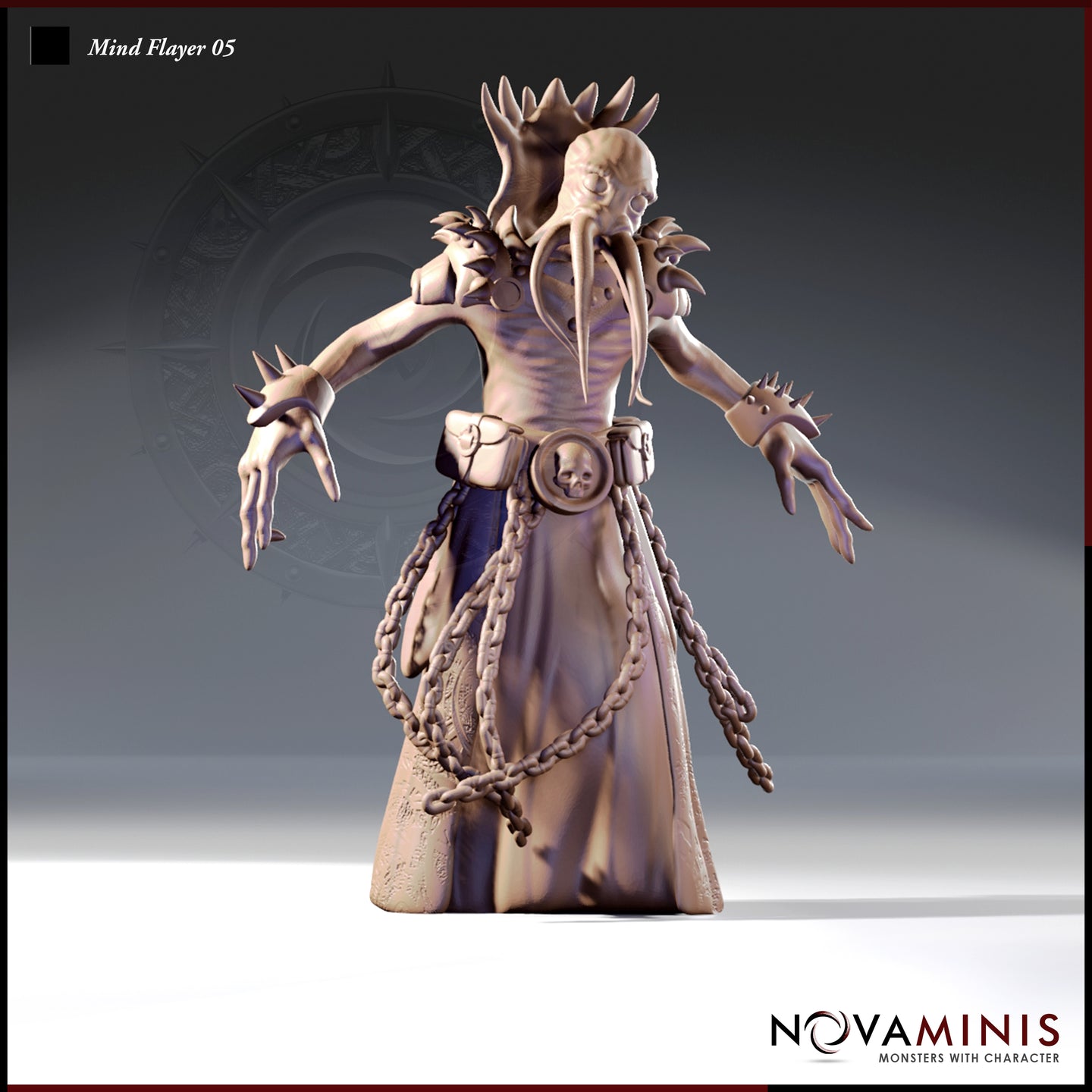 Front-facing digital render of Mind Flayer 05 by Novaminis — an illithid figure in flowing ornamental robes with arms outstretched, spiked bracers, heavy braided chains hanging from a skull-buckled belt, and a crown of bony spines above a tentacled face, 32mm scale resin miniature unpainted