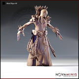 Front-facing digital render of Mind Flayer 05 by Novaminis — an illithid figure in flowing ornamental robes with arms outstretched, spiked bracers, heavy braided chains hanging from a skull-buckled belt, and a crown of bony spines above a tentacled face, 32mm scale resin miniature unpainted