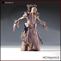 Front-facing digital render of Mind Flayer 05 by Novaminis — an illithid figure in flowing ornamental robes with arms outstretched, spiked bracers, heavy braided chains hanging from a skull-buckled belt, and a crown of bony spines above a tentacled face, 32mm scale resin miniature unpainted
