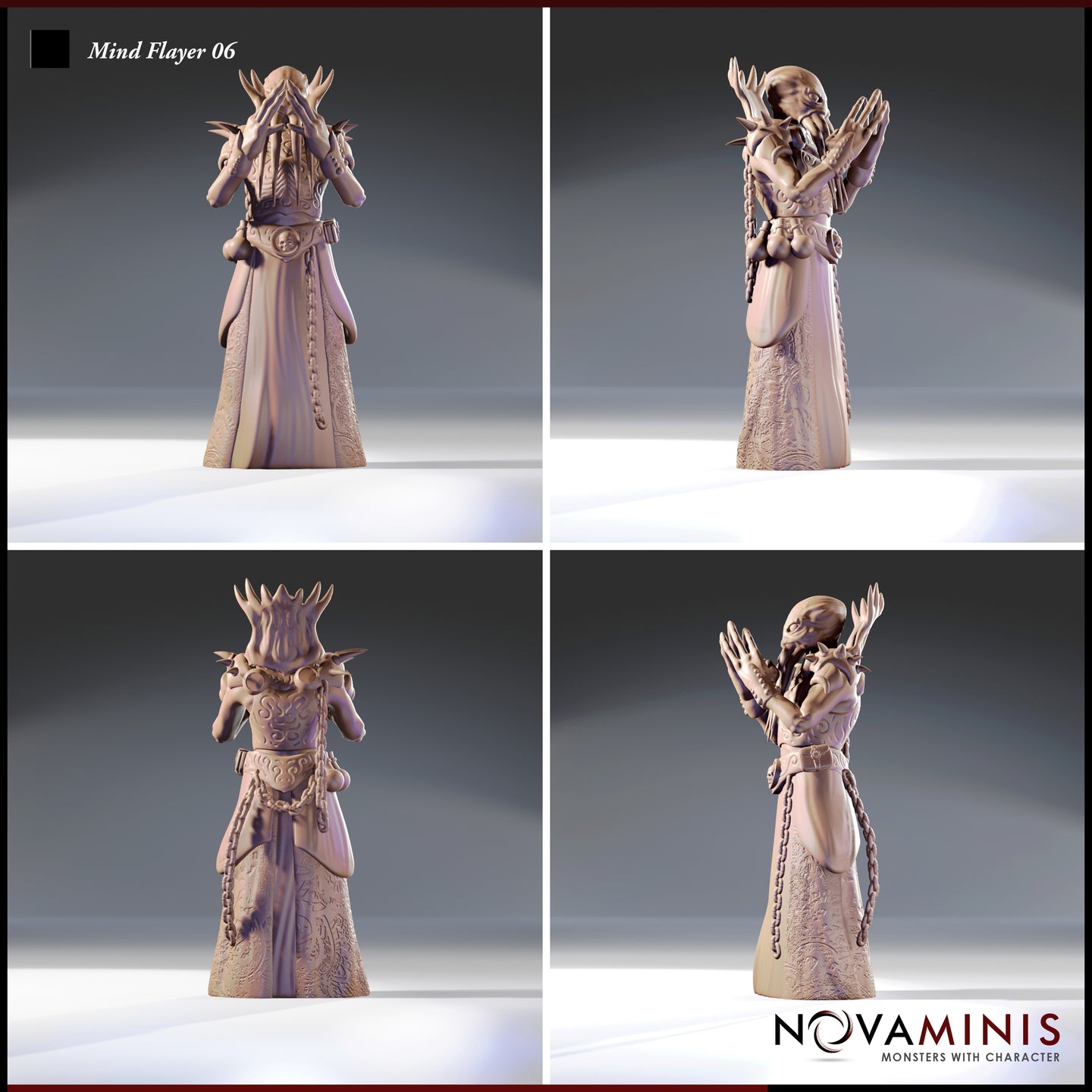 Four-angle view of Mind Flayer 06 by Novaminis — unpainted digital render showing front, back, and side perspectives of a robed illithid miniature with raised hands, detailed relief-carved robe panels, trailing chain, crown of bone spurs, and skull-motif belt buckle