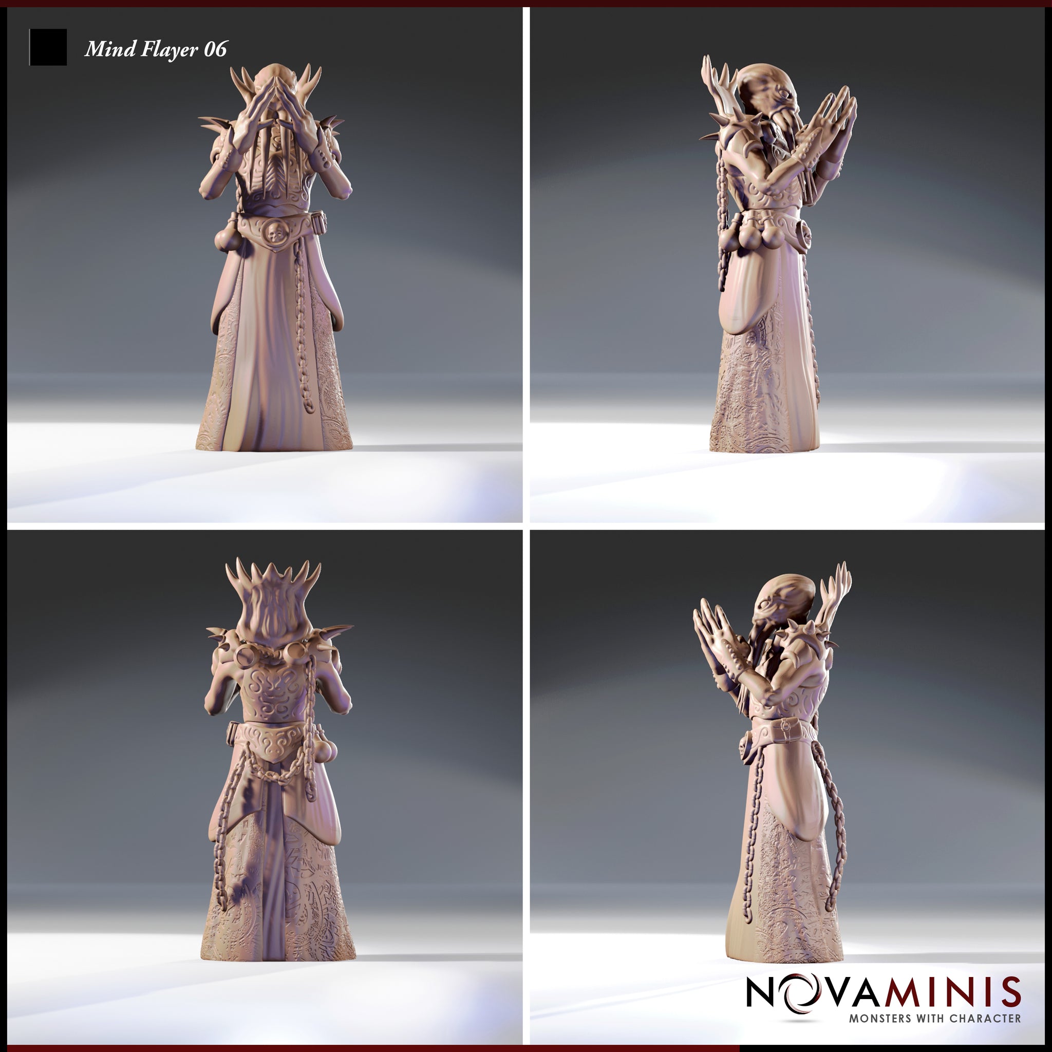 Four-angle view of Mind Flayer 06 by Novaminis — unpainted digital render showing front, back, and side perspectives of a robed illithid miniature with raised hands, detailed relief-carved robe panels, trailing chain, crown of bone spurs, and skull-motif belt buckle