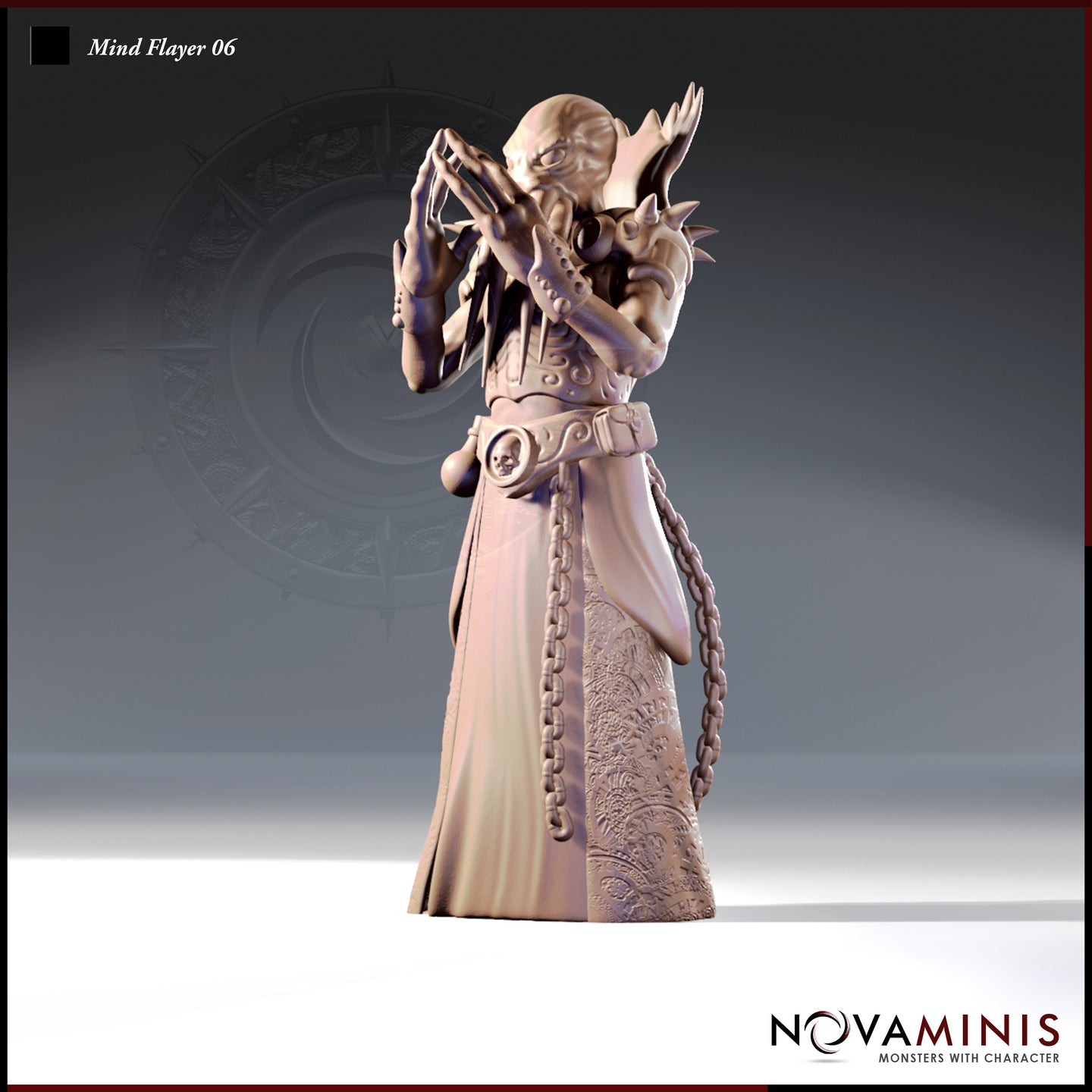 32mm scale Mind Flayer 06 miniature by Novaminis — digital render showing an unpainted grey resin illithid in elaborate embroidered robes, both hands raised with fingers splayed in a psionic casting pose, ornamental skull-buckle belt with hanging chain, bone spurs at the collar, four-tentacled face visible, viewed from a three-quarter front angle