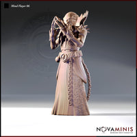 32mm scale Mind Flayer 06 miniature by Novaminis — digital render showing an unpainted grey resin illithid in elaborate embroidered robes, both hands raised with fingers splayed in a psionic casting pose, ornamental skull-buckle belt with hanging chain, bone spurs at the collar, four-tentacled face visible, viewed from a three-quarter front angle