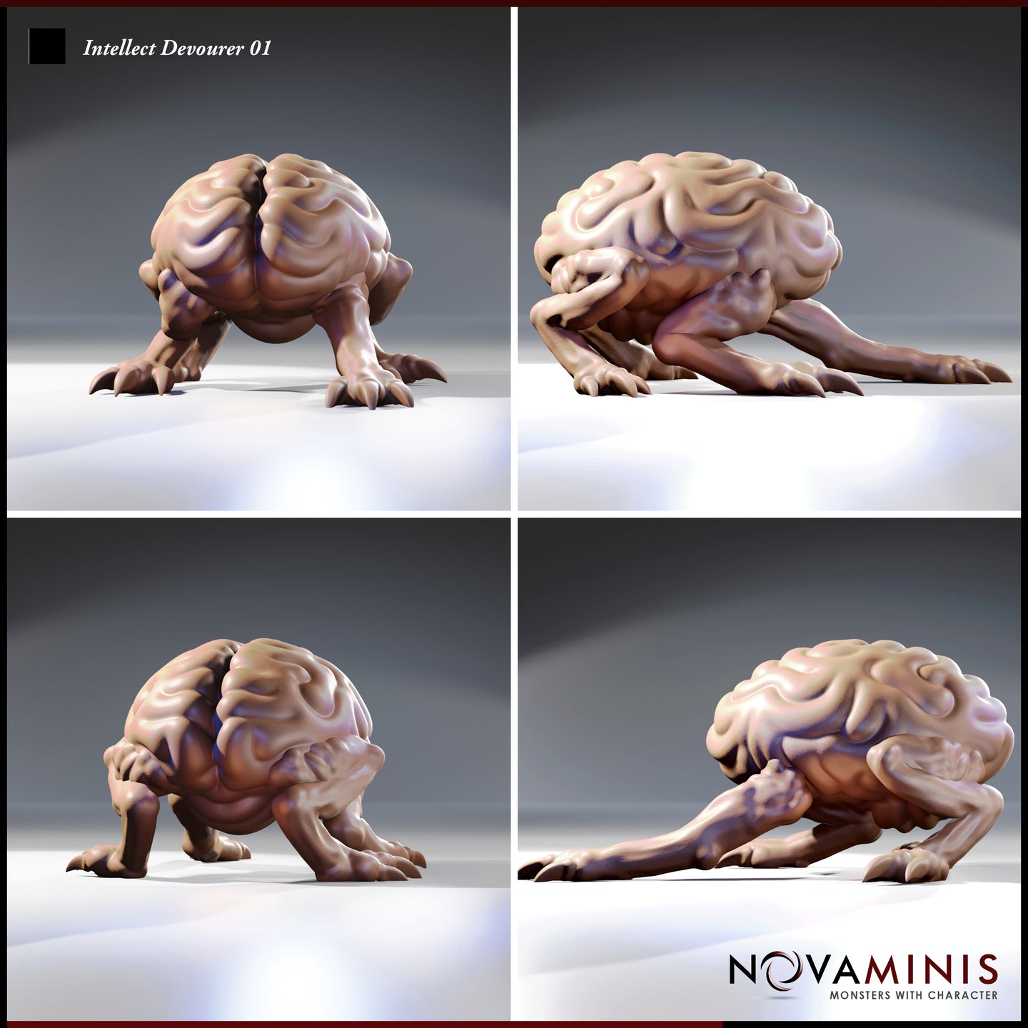 Four-angle digital render sheet of Intellect Devourer 01 by Novaminis — front, side, rear, and three-quarter views showing the crouching brain-creature with wide-set clawed limbs and deeply folded cortical surface detail