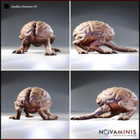 Four-angle digital render sheet of Intellect Devourer 01 by Novaminis — front, side, rear, and three-quarter views showing the crouching brain-creature with wide-set clawed limbs and deeply folded cortical surface detail