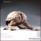 Digital render of the Novaminis Intellect Devourer 01 miniature — a large brain-like creature on four clawed legs in a low predatory crouch, viewed from a three-quarter front angle. Deep cortical folds cover the brain body and the clawed limbs are splayed wide against the ground.