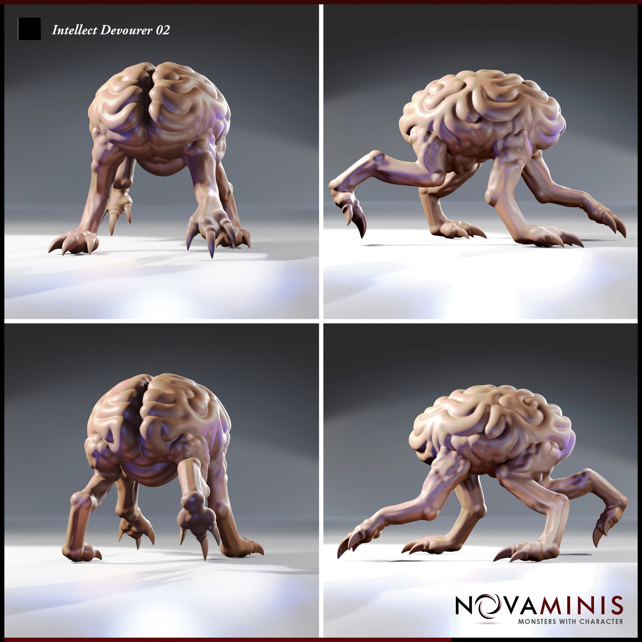 Four-angle digital render sheet of the Intellect Devourer 02 miniature by Novaminis — showing front, side, rear, and three-quarter views of the stalking brain creature, highlighting the organic texture of the brain-mass, the shadow-catching grooves, and the hooked claws on all four limbs