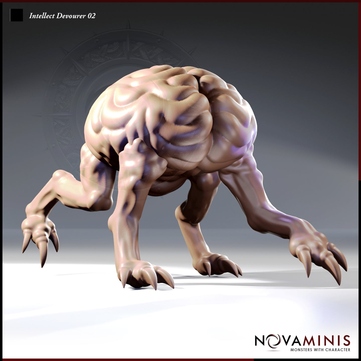 Digital render of the Intellect Devourer 02 miniature by Novaminis — a large brain-like creature on four splayed clawed legs, shown in a low predatory crouch from a three-quarter front angle, with deep folds across the brain-mass and long curved claws on each limb