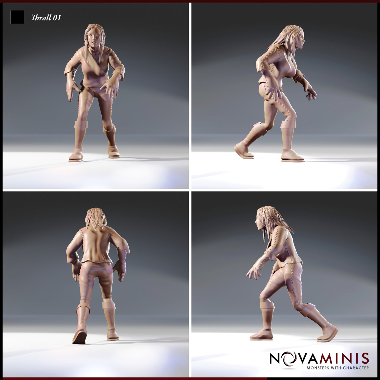 Four-angle unpainted resin render of Thrall 01 by Novaminis showing front, side, back, and three-quarter views — female thrall miniature with hollow expression, laced leather trousers, heavy boots, and a coiled forward-leaning stance