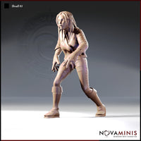 Unpainted resin render of Thrall 01 by Novaminis — a female humanoid miniature in a low, stalking pose with long tangled hair, stitched leather trousers, open top, and visible scarring across her skin, fingers splayed at her sides