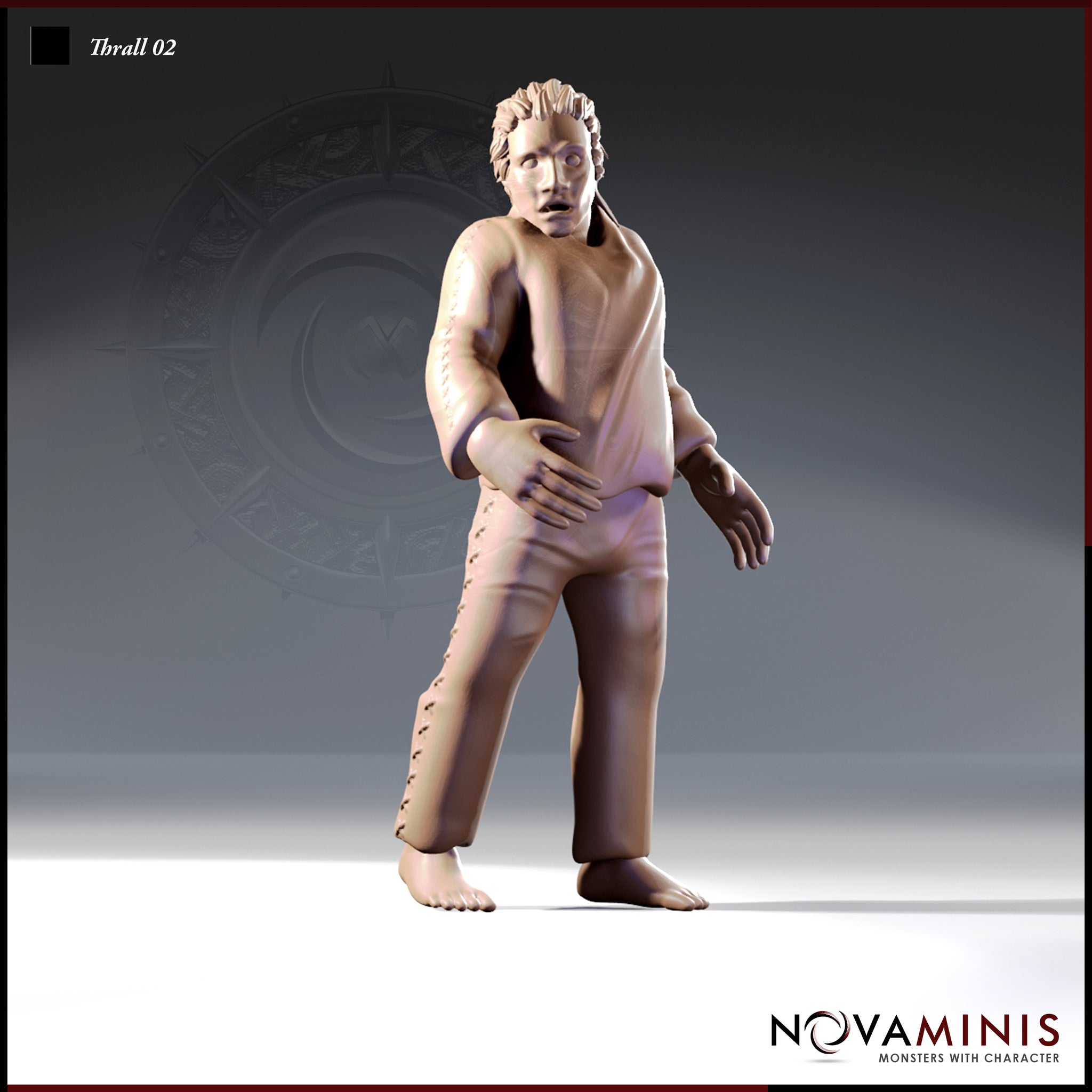 Unpainted resin render of Thrall 02 male miniature by Novaminis — short curly hair, blank open-mouthed expression, loose linen trousers, barefoot, hunched with one arm drawn to abdomen and scar detailing on arm