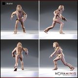 Four-angle digital render turnaround of Thrall 03 by Novaminis — unpainted 32mm miniature showing front, side, rear, and three-quarter views of the stitched female thrall in a dynamic lunge pose, highlighting the stitched arm and leg scarring, loose hair, bare feet, and the absence of expression across all angles