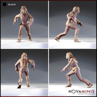 Four-angle digital render turnaround of Thrall 03 by Novaminis — unpainted 32mm miniature showing front, side, rear, and three-quarter views of the stitched female thrall in a dynamic lunge pose, highlighting the stitched arm and leg scarring, loose hair, bare feet, and the absence of expression across all angles