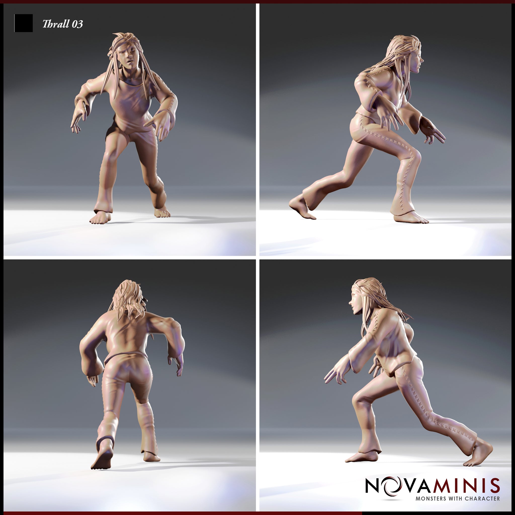 Four-angle digital render turnaround of Thrall 03 by Novaminis — unpainted 32mm miniature showing front, side, rear, and three-quarter views of the stitched female thrall in a dynamic lunge pose, highlighting the stitched arm and leg scarring, loose hair, bare feet, and the absence of expression across all angles