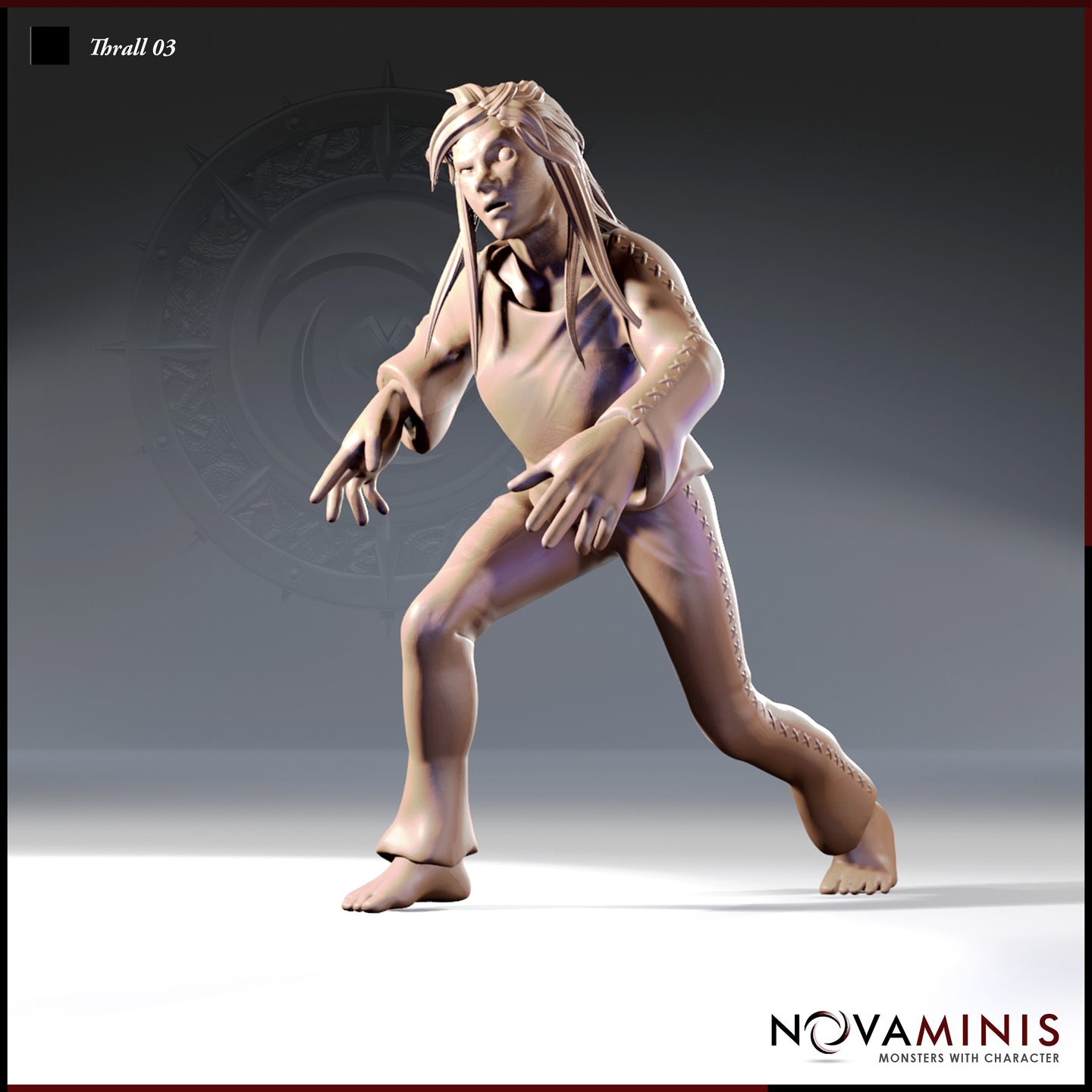 Digital render of Thrall 03 by Novaminis — an unpainted 32mm resin miniature of a blank-eyed female thrall in a wide low-lunge pose, arms extended with fingers splayed, long loose hair around a slack-jawed face, stitched scarring running down the right arm and outer leg, minimal ragged clothing, barefoot