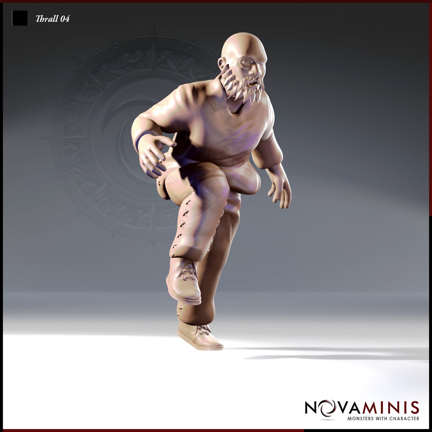 Front three-quarter view of Thrall 04 — an unpainted digital render of a heavyset bald human male mid-lunge, mouth agape with elongated teeth, one knee raised and arms wide, wearing rough-stitched trousers and leather boots