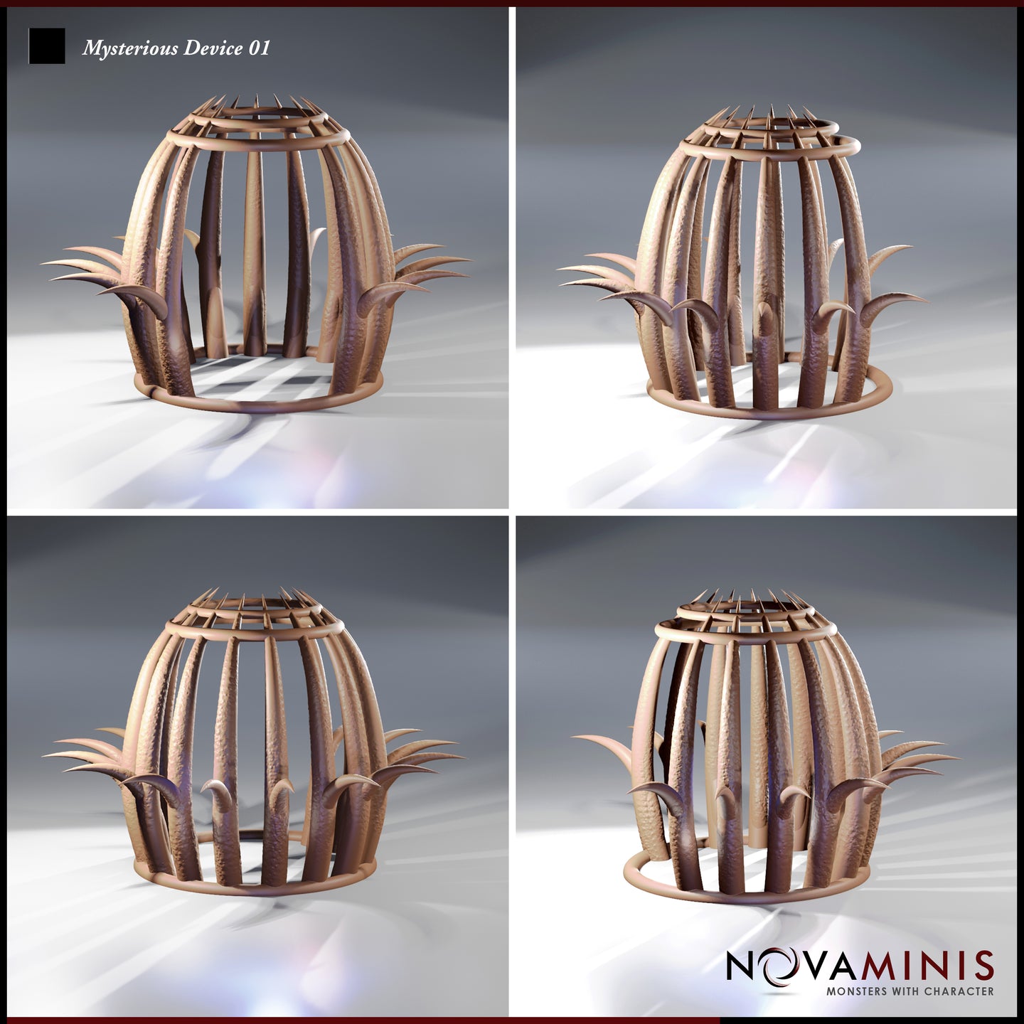 Four-angle digital render of Mysterious Device 01 by Novaminis showing the scatter terrain piece from front-left, front-right, rear-left, and rear-right perspectives, revealing the full dome lattice structure, barbed crown spines, and organic thorn clusters at the base from all sides
