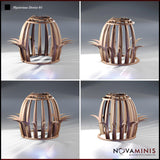 Four-angle digital render of Mysterious Device 01 by Novaminis showing the scatter terrain piece from front-left, front-right, rear-left, and rear-right perspectives, revealing the full dome lattice structure, barbed crown spines, and organic thorn clusters at the base from all sides