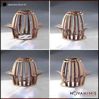 Four-angle digital render of Mysterious Device 01 by Novaminis showing the scatter terrain piece from front-left, front-right, rear-left, and rear-right perspectives, revealing the full dome lattice structure, barbed crown spines, and organic thorn clusters at the base from all sides