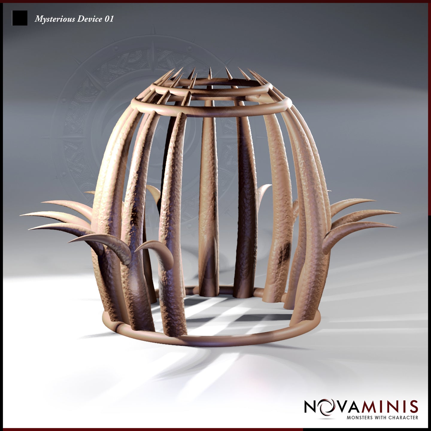 Digital render of Mysterious Device 01 by Novaminis — a dome-shaped organic scatter terrain piece with thick ribbed vertical columns, a ring of outward-pointing spines at the crown, and clusters of serrated leaf-like growths at the base, shown in warm sandy brown tones against a neutral grey background