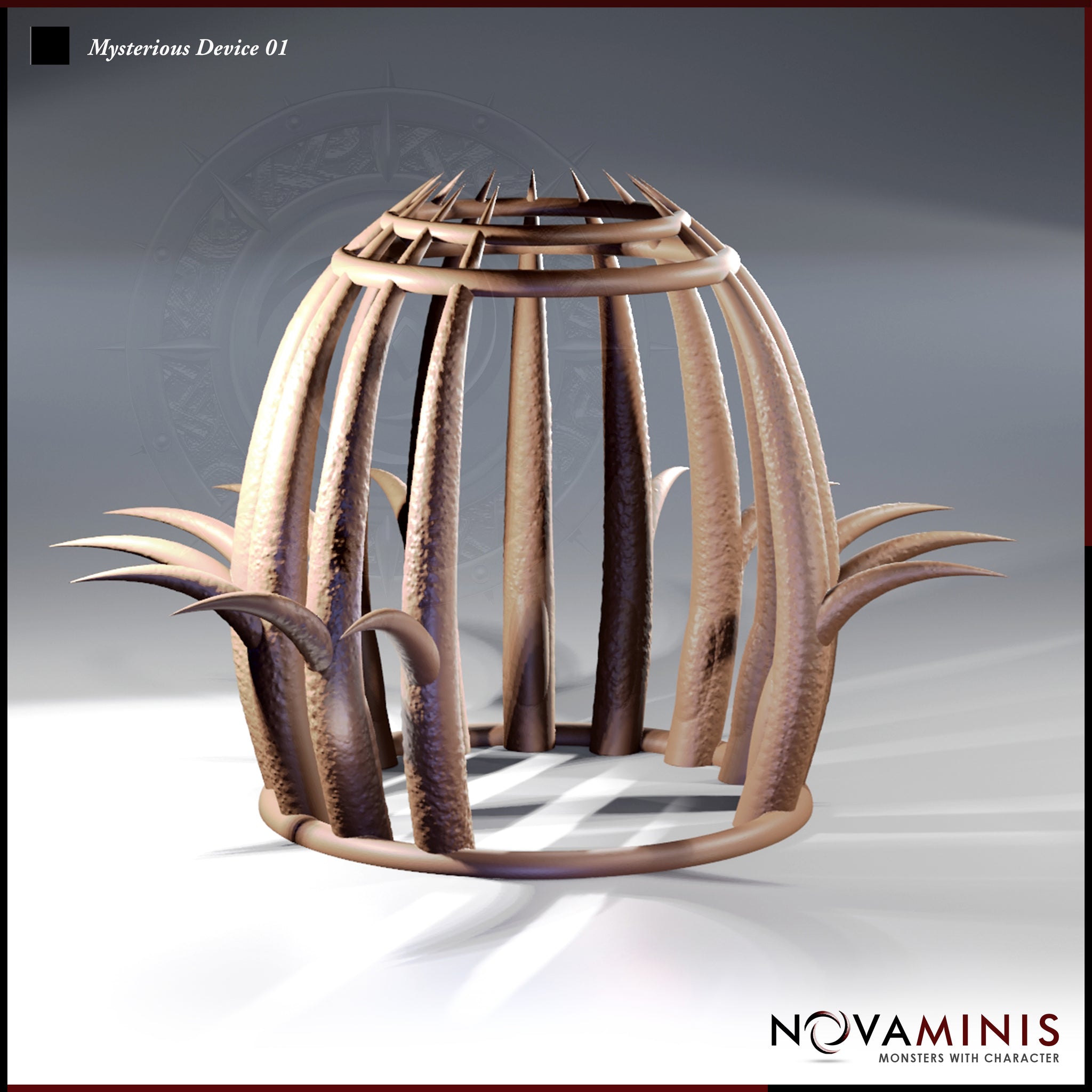 Digital render of Mysterious Device 01 by Novaminis — a dome-shaped organic scatter terrain piece with thick ribbed vertical columns, a ring of outward-pointing spines at the crown, and clusters of serrated leaf-like growths at the base, shown in warm sandy brown tones against a neutral grey background