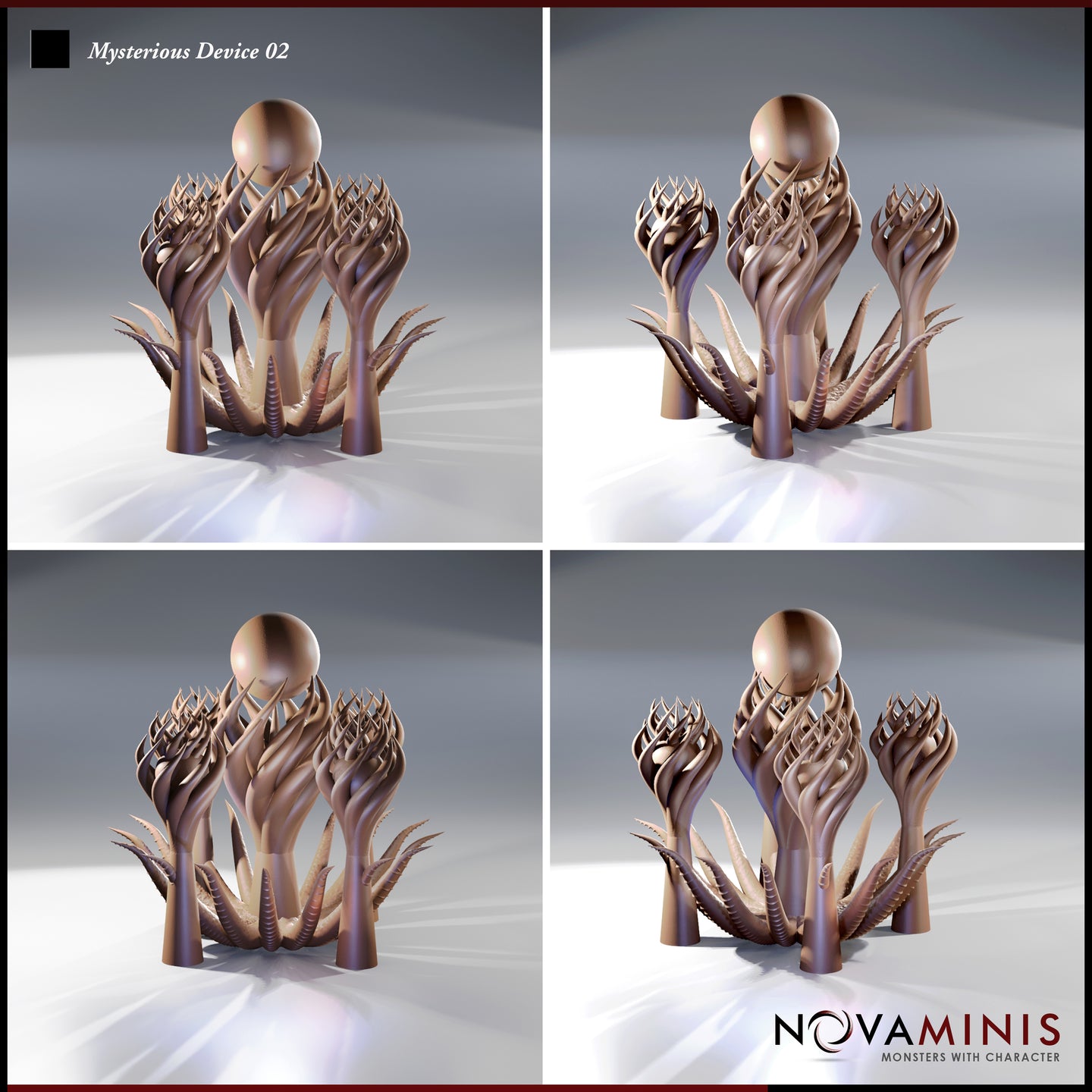 Four-angle digital render of Mysterious Device 02 by Novaminis showing front, side, and rear views of the tri-column alien construct, highlighting the ribbed tentacle base, interlocking petal fronds, and orbiting spheres at multiple heights across the asymmetric sculpture