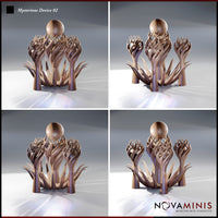 Four-angle digital render of Mysterious Device 02 by Novaminis showing front, side, and rear views of the tri-column alien construct, highlighting the ribbed tentacle base, interlocking petal fronds, and orbiting spheres at multiple heights across the asymmetric sculpture