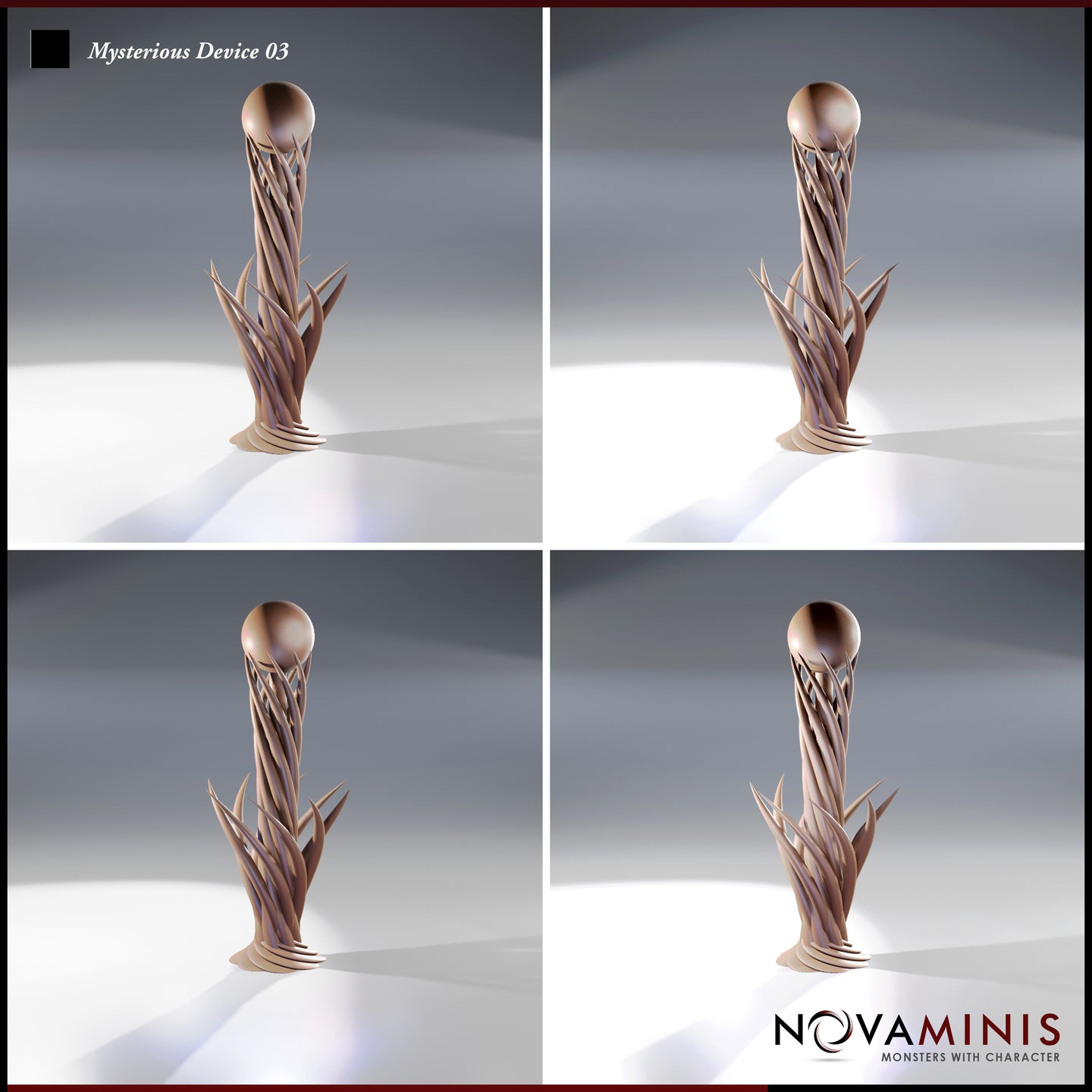 Four-angle digital render sheet of Mysterious Device 03 by Novaminis showing the front, slight left, slight right, and rear views of the spiralling tendril obelisk with spherical crown orb and layered base